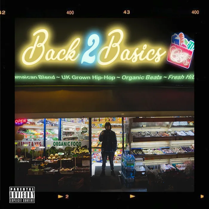Back 2 Basics cover: neon Back 2 Basics sign over a corner shop at night.