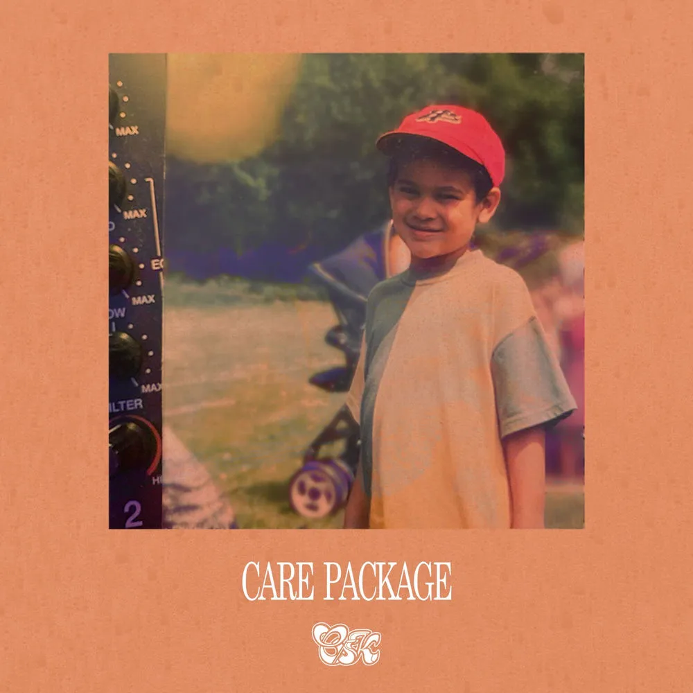 Care Package album cover: a childhood photo of Oskar grinning in a red cap, framed on a terracotta field, with the words Care Package and the hand-drawn OSK tag.
