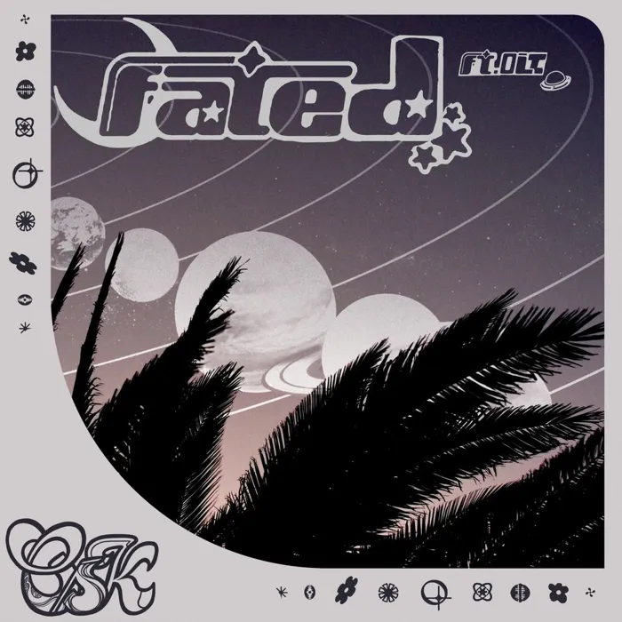 Fated cover: grey and purple illustration of palms and planets, chrome Fated lettering, dark OSK tag.