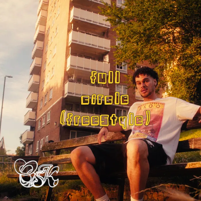 Full Circle cover: Osk sitting on a bench at golden hour by a tower block, yellow pixel lettering.