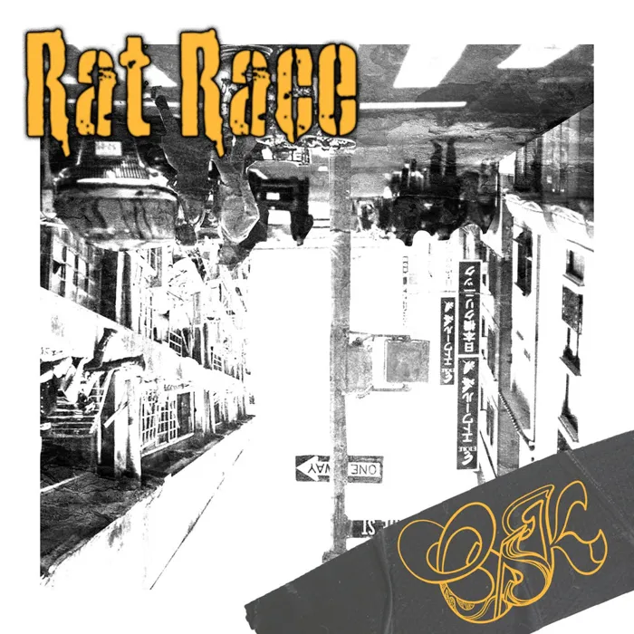 Rat Race cover: black and white city collage with yellow western-poster lettering and a gold OSK tag.