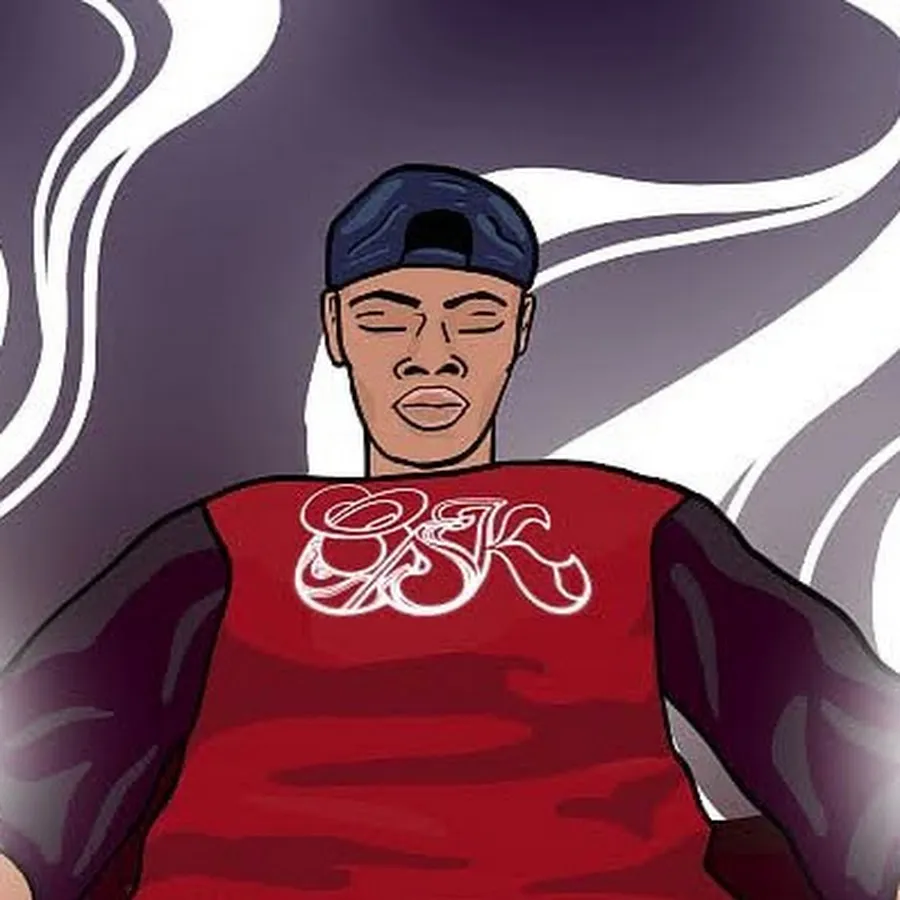 Cartoon illustration of Osk in a navy cap and a red jersey with the OSK tag, purple swirls behind.